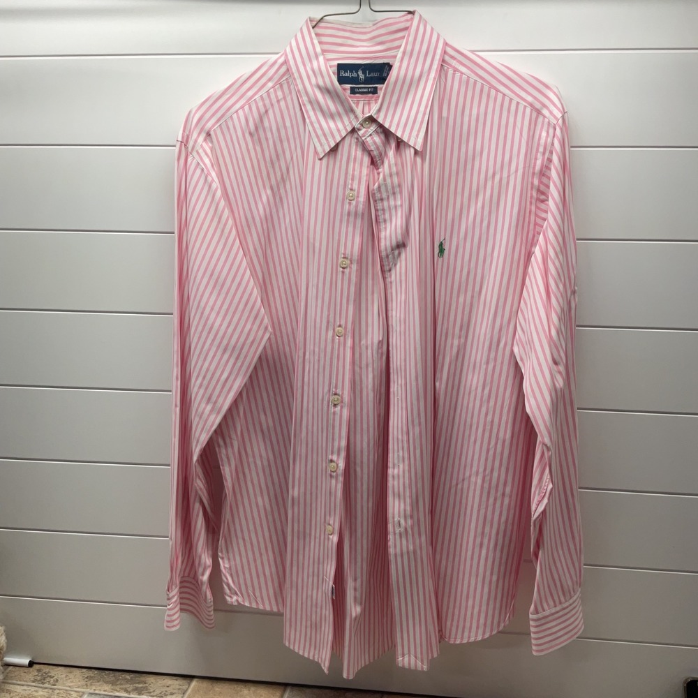 Ralph Lauren Classic Fit Striped Button Down Shirt Pink White Mens Large L
